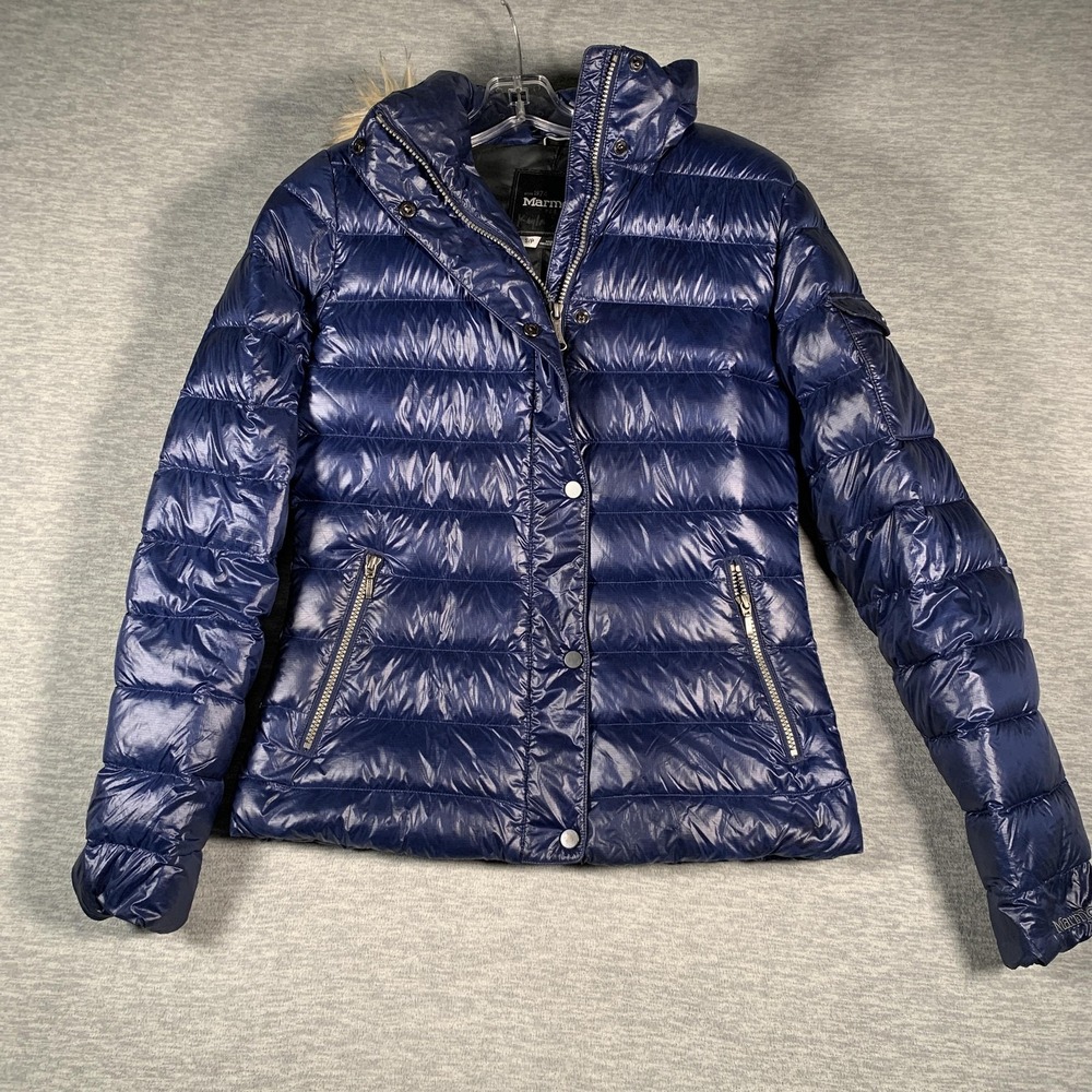 Marmot Jacket Womens Small Blue Hooded‎ Down Puffer Faux Fur Trim Quilted Nylon